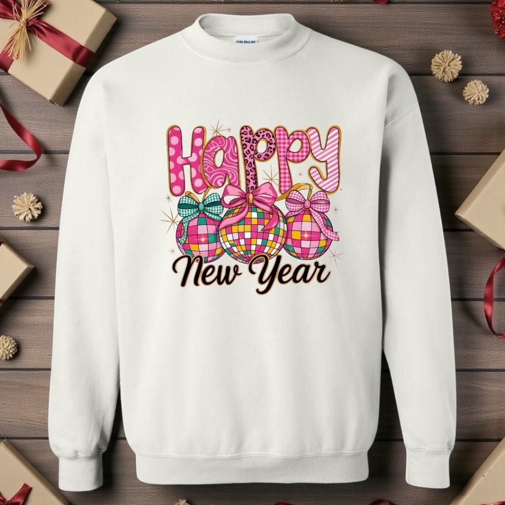 Happy New Year Pink Disco Sweatshirt White S M L XL New Checkers Polka dots - Picture 7 of 15